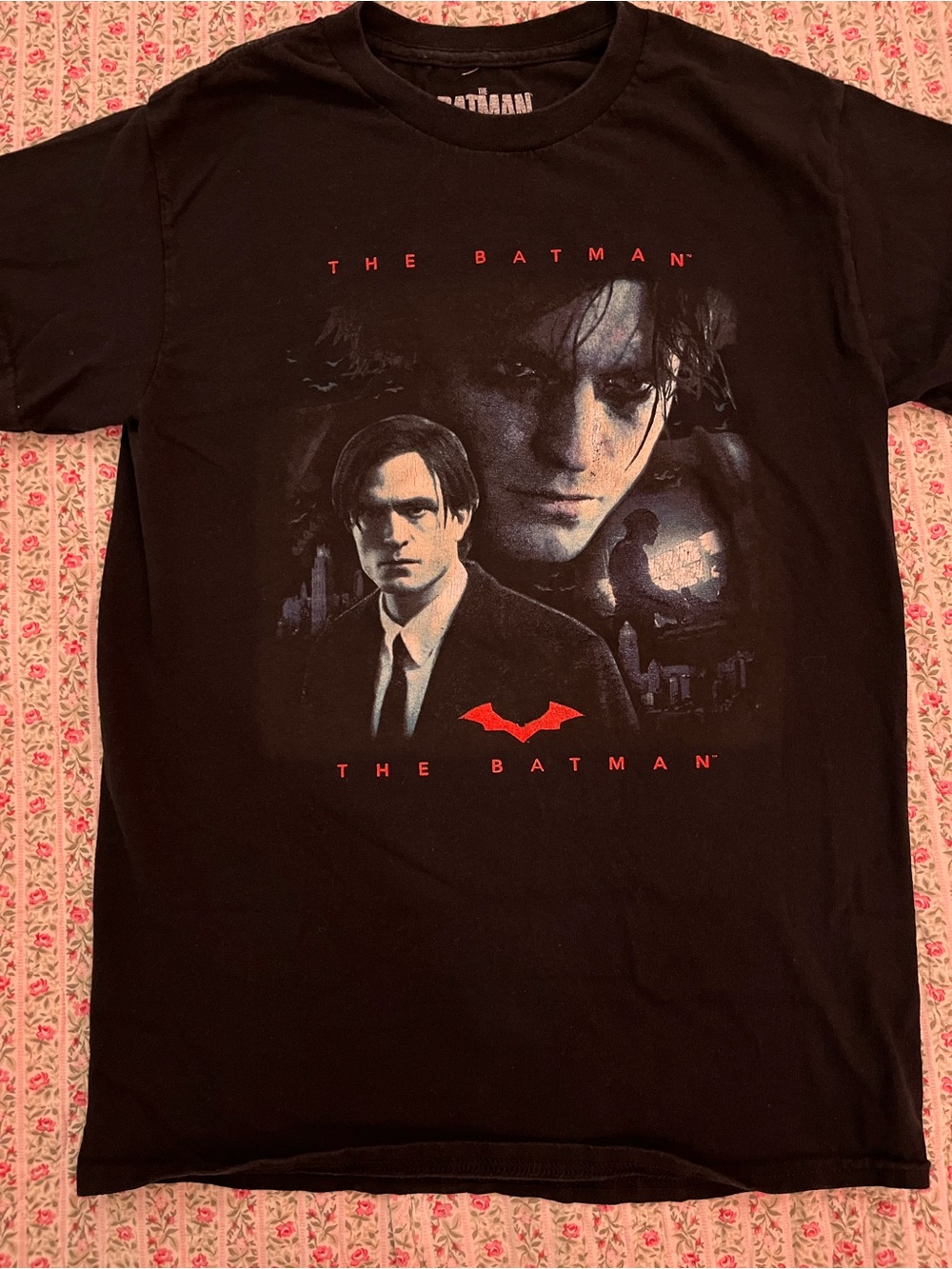 Batman Black Tee with Red Bat Logo and Multicolor Graphic